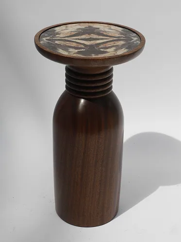 Slender turned-wood pedestal with a jasper inlay top.
